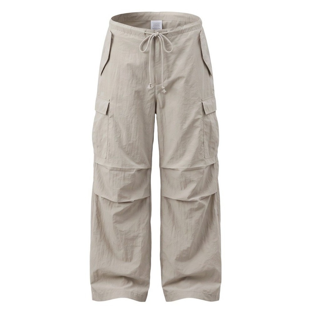 Local European Wide Leg Parachute Pants Gray Beige Techwear Drawstring Size S/M